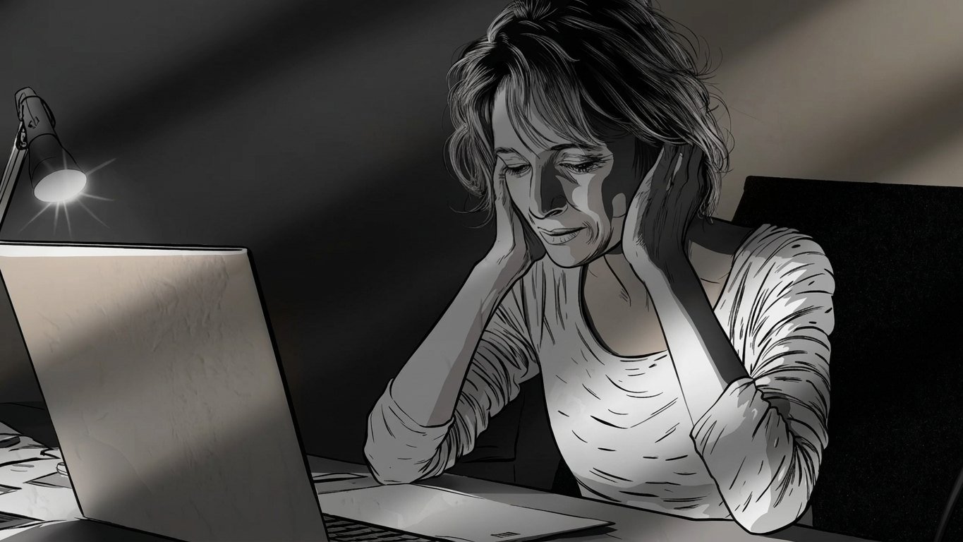 Zeichnung: erschöpfte Frau spätabends am Laptop unter einer Schreibtischlampe, die Hände an den Kopf gelegt