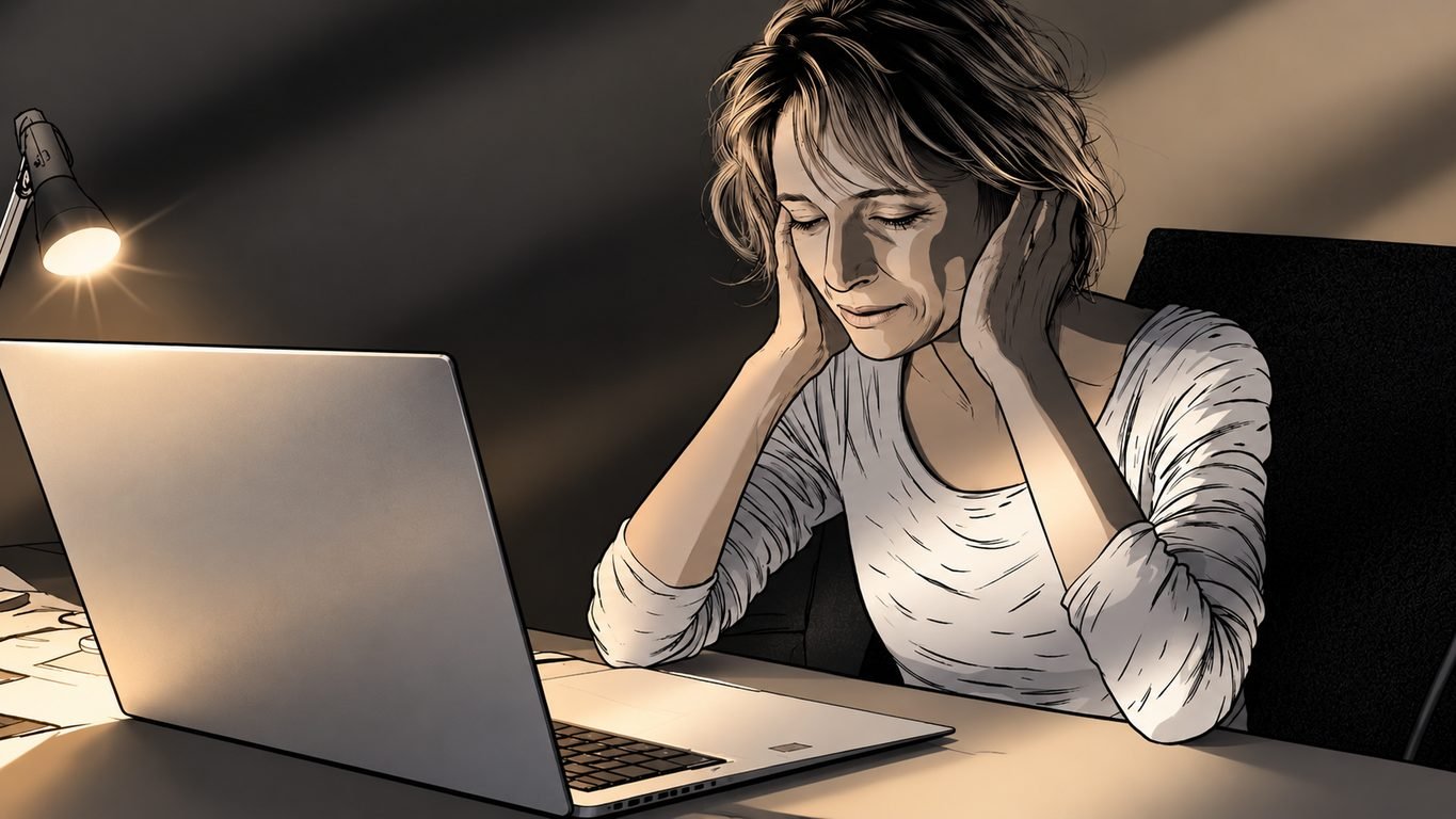 Zeichnung: erschöpfte Frau spätabends am Laptop unter einer Schreibtischlampe, die Hände an den Kopf gelegt