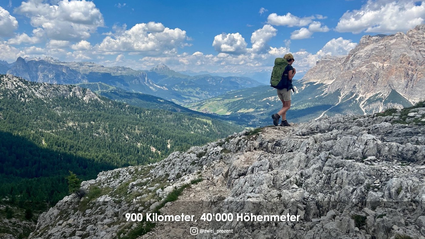 Martina mit Rucksack auf einem Felsgrat in den Dolomiten, Text: 900 Kilometer, 40'000 Höhenmeter